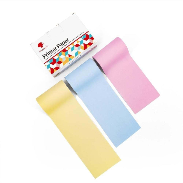 Thermal printer paper rolls in yellow, blue, and pink with printed paper box