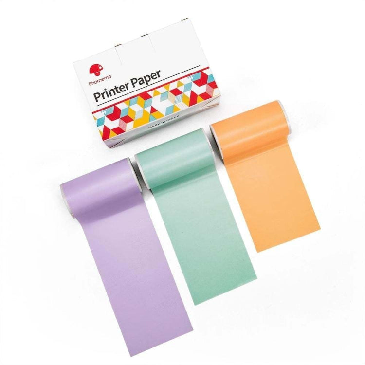 Thermal printer paper rolls in purple, mint, and orange with printed paper box