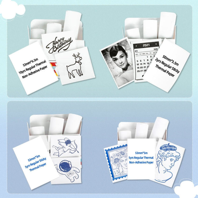Assorted thermal label samples on small sheets with label rolls, Phomemo T02