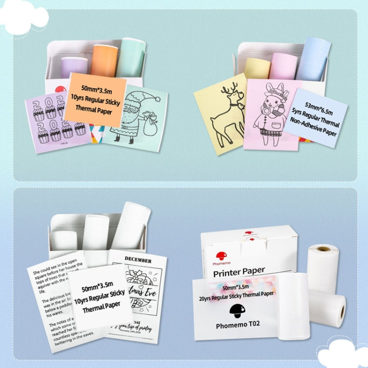 Mixed thermal label sample cards with label rolls and Phomemo T02 printer paper box