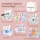 Thermal paper roll options: black or blue on white, non-sticky and sticky label types