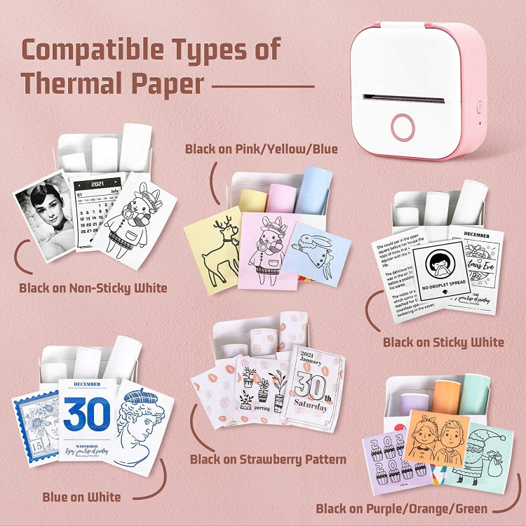 Thermal paper roll options: black or blue on white, non-sticky and sticky label types