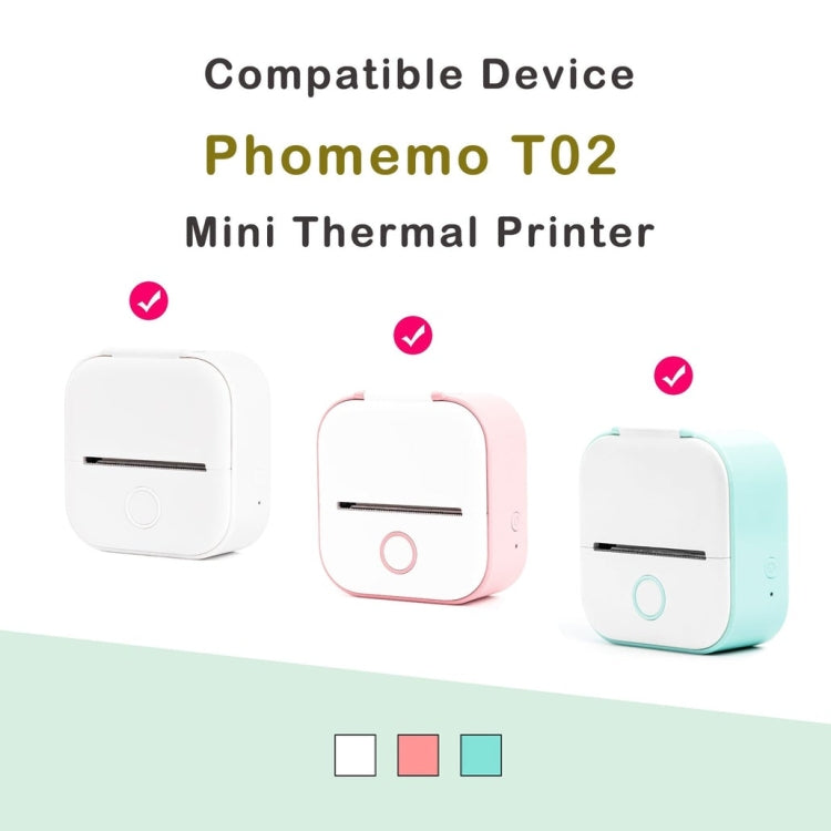 Thermal paper compatibility for Phomemo T02 mini thermal printer, shown with device color options