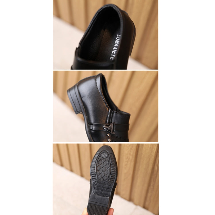 Black kids leather-look dress shoes collage: side view, strap detail, textured sole