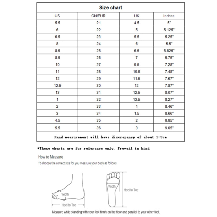 Kids shoe size chart with US, CN/UK, and inches measurement table