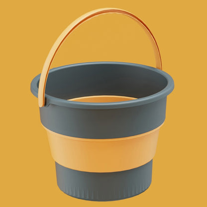 Dark blue folding plastic bucket with hinged handle and yellow side rim