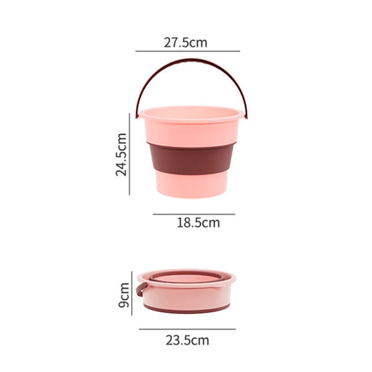 Pink and dark brown folding plastic bucket with side measurements