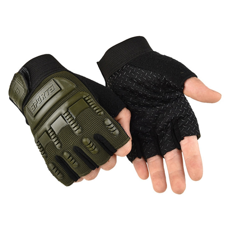 Children half-finger riding gloves, dark olive palm with black fingerless back