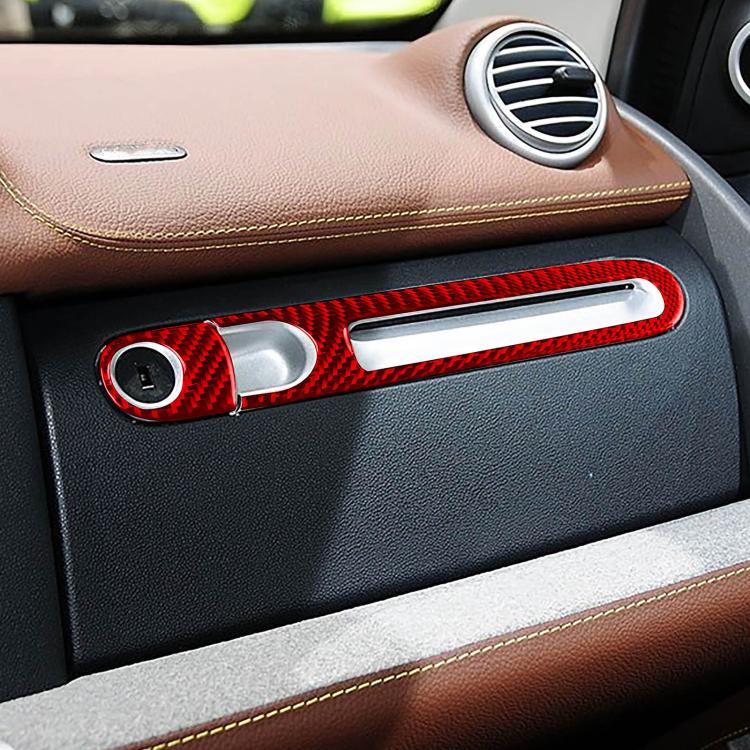 Glove box handle trim stickers, red carbon-fiber look, left-hand drive, 2 pcs