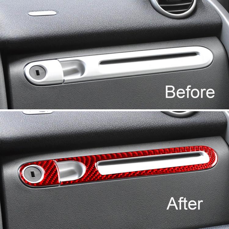 Glove box handle trim stickers, red carbon-fiber strip with silver handle surround