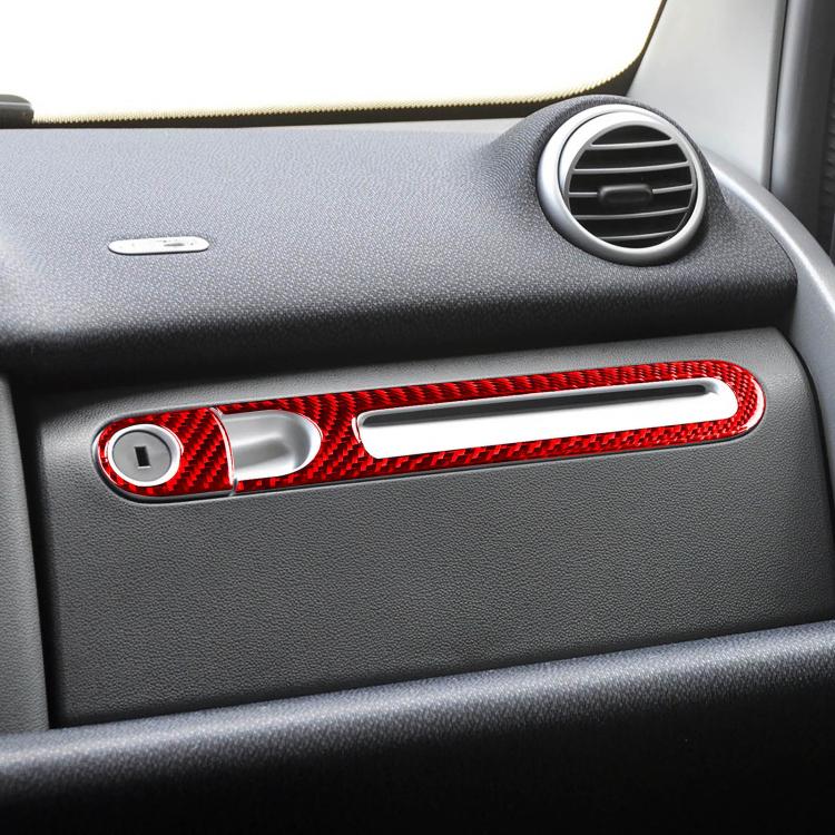 Glove box handle trim stickers, red carbon-fiber strip, left-hand drive, 2 pcs