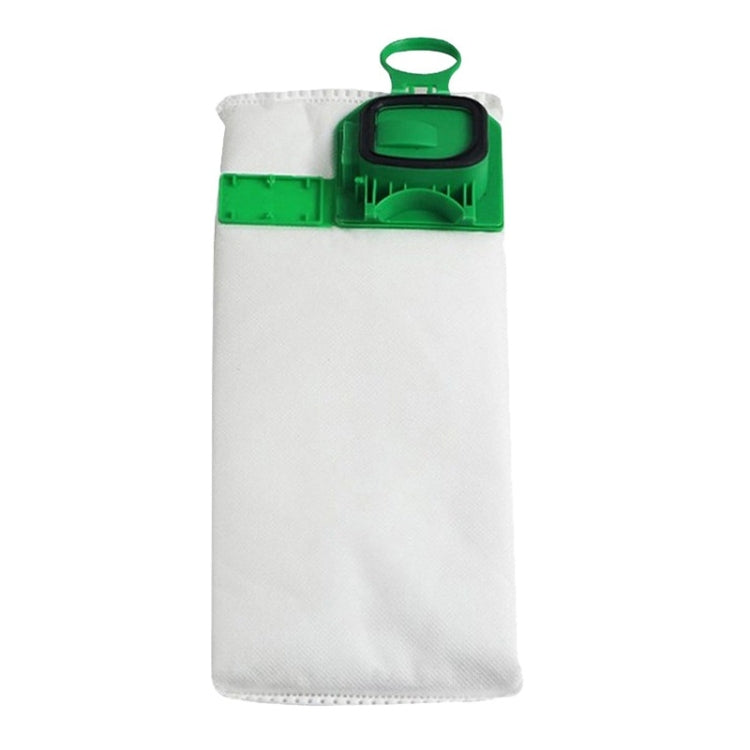 White nonwoven vacuum dust bag with green adapter clip and handle loop