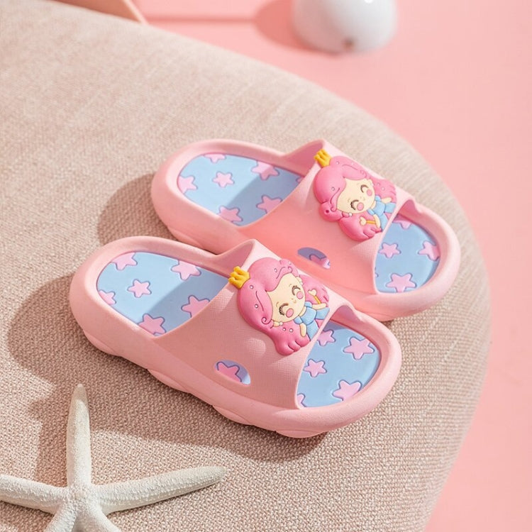 Children's cartoon pink sandals with character-face straps and purple star-pattern insoles