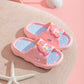 Pink cartoon children’s slip-on sandals, side view showing soft padded upper