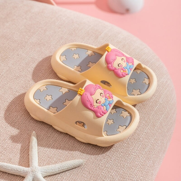 Beige children’s slip-on sandals with pink character decoration and star-pattern sole