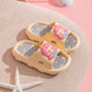 Beige cartoon children’s sandals with character patch on light blue star insole