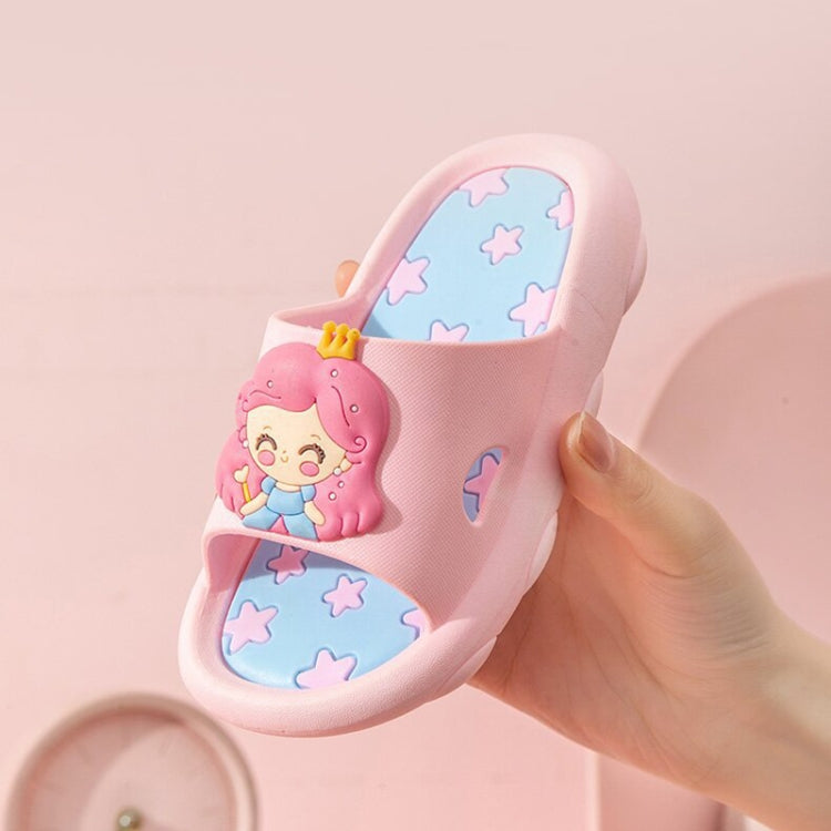 Children's pink slip-on slippers with cartoon animal patch and blue star print lining