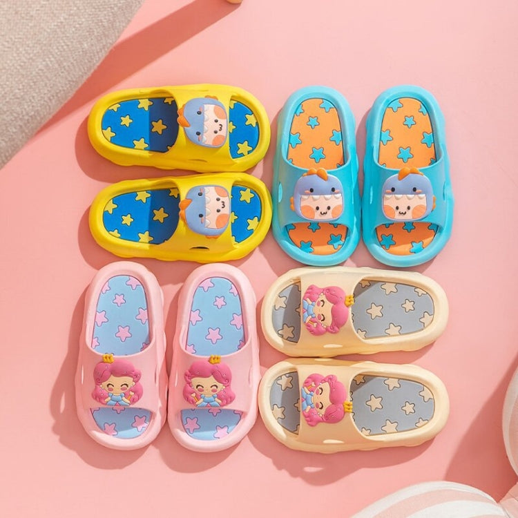 Children's cartoon slip-on slippers in pink, blue, yellow, and beige with animal graphics