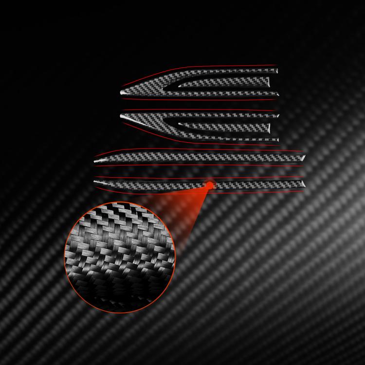 Carbon-fiber fender stripes with red accent, close-up texture and stripe layout
