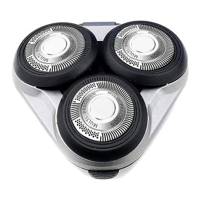 Three-foil rotary electric shaver replacement head, black housing with silver cutter discs