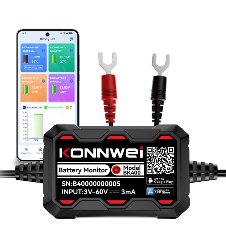 KONNWEI BK400 car battery monitor diagnostic tool with red and black connectors