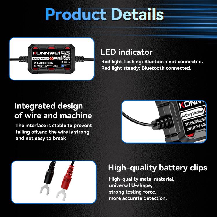 KONNWEI BK400 battery monitor with LED indicator panel and high-quality battery clips