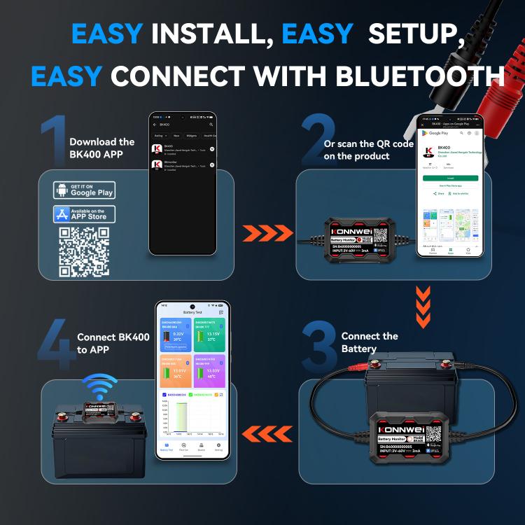 KONNWEI BK400 wireless battery monitor with Bluetooth connection to a smartphone app