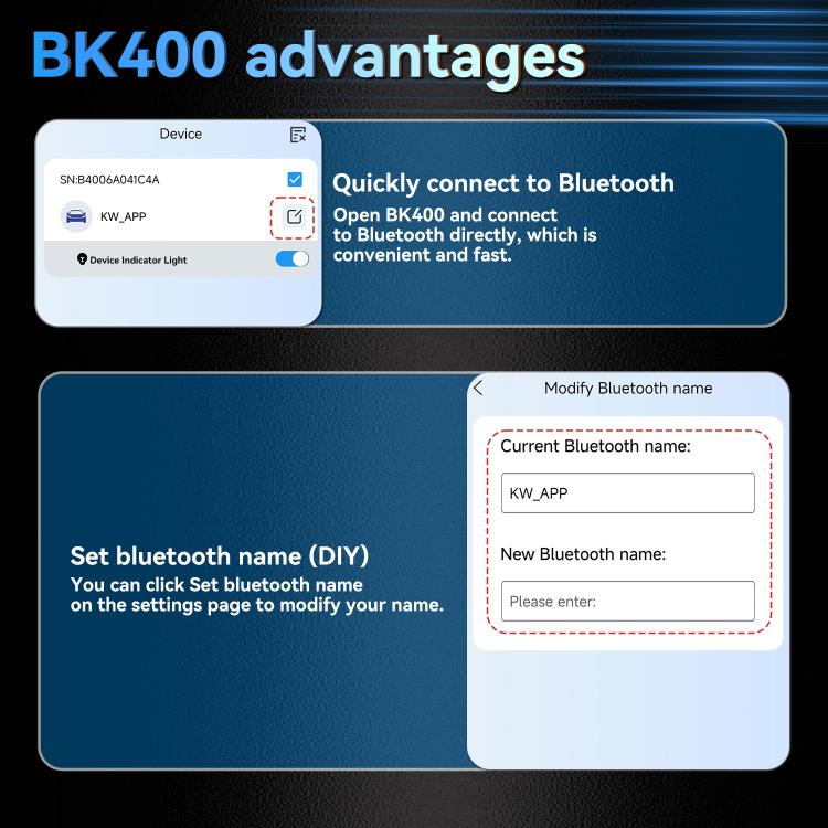 KONNWEI BK400 Bluetooth battery monitor with settings to modify Bluetooth name