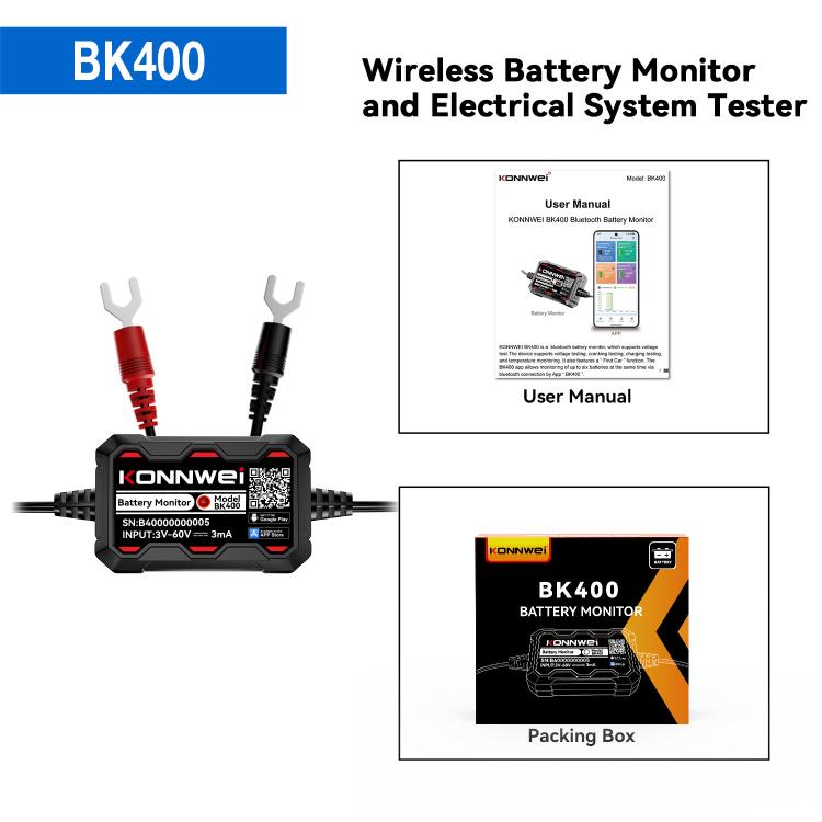 BK400 wireless battery monitor and tester with red and black connector plugs