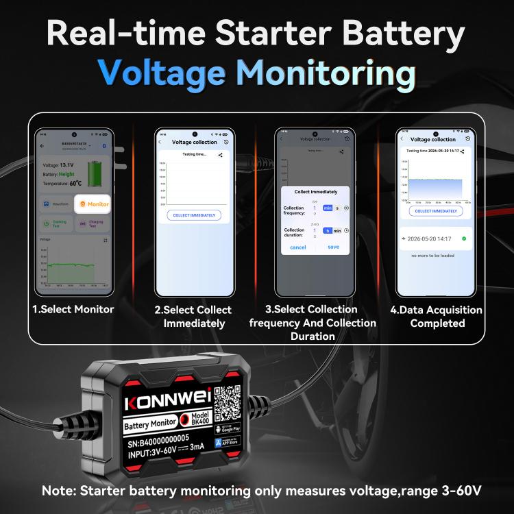 KONNWEI BK400 battery monitor with smartphone voltage monitoring screens