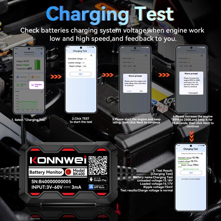 KONNWEI BK400 charging test battery monitor device with connected cable