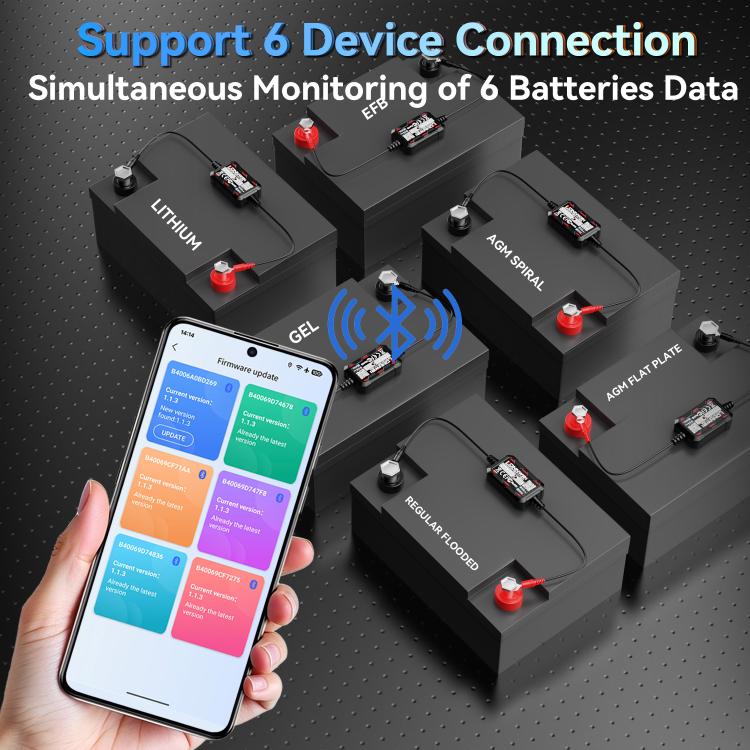 KONNWEI BK400 battery monitor supporting multiple battery connections with phone display