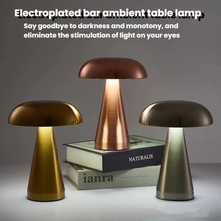 Three-color mushroom table lamp trio with domed shades in gold, bronze, and silver