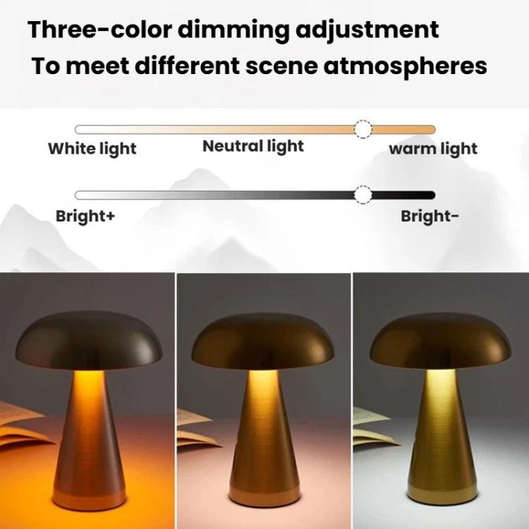 Mushroom table lamp showing three light tones: dark, neutral, and warm gold