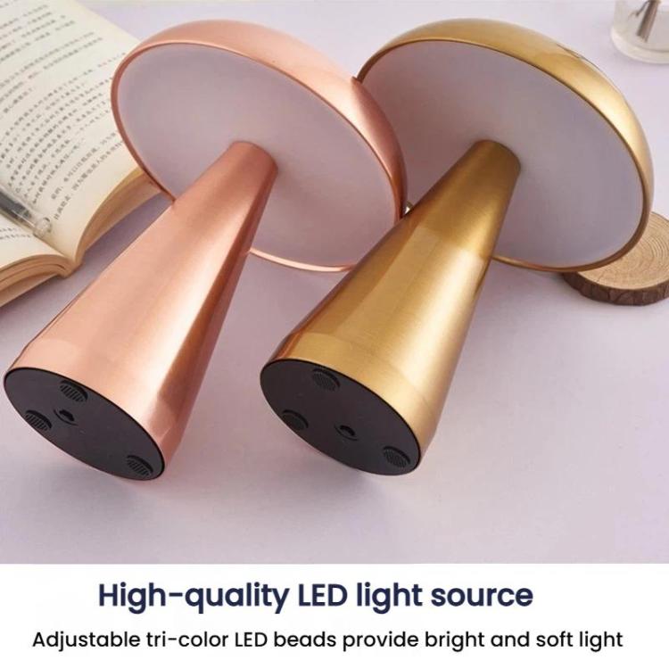 Rose gold and gold mushroom table lamps with dome shades and short stems