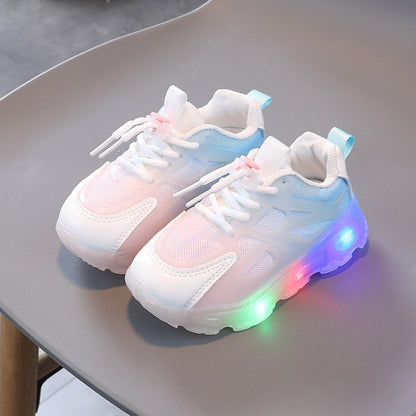 Kids LED light-up sneakers in white with pink and light-blue mesh accents
