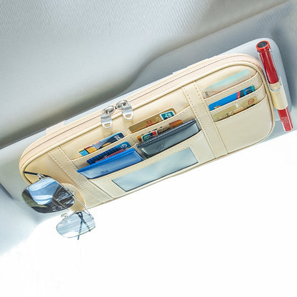 Beige car sun visor license storage bag with card slots and eyeglass clip, open view