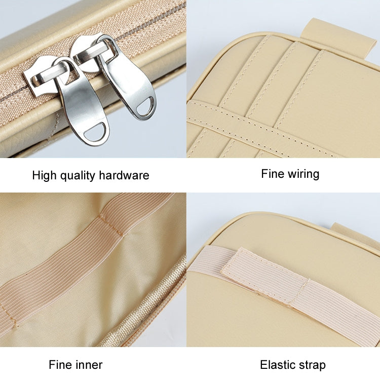 Beige sun visor storage bag close-up: metal zipper pulls, stitched interior, elastic strap