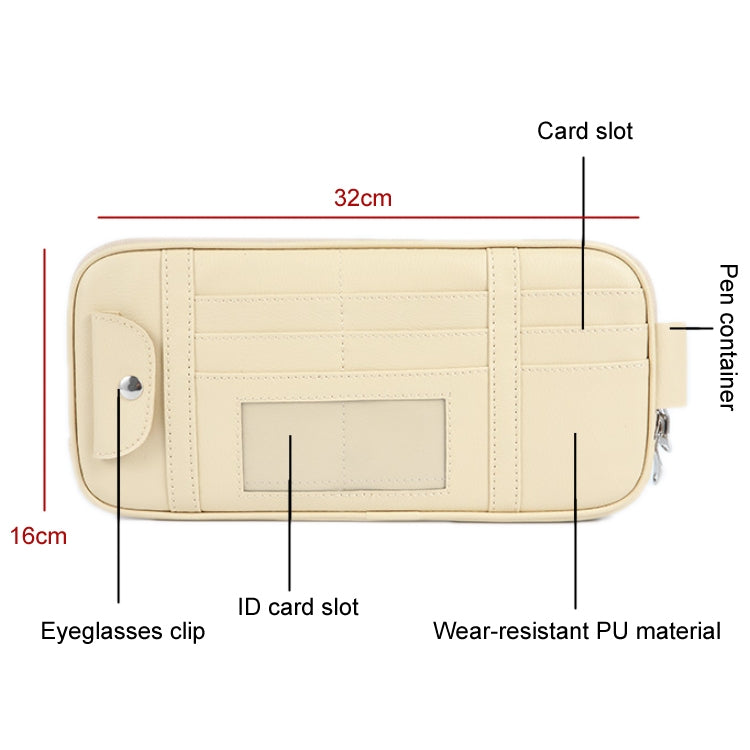 Beige sun visor license storage bag with card slot, ID slot, and eyeglasses clip