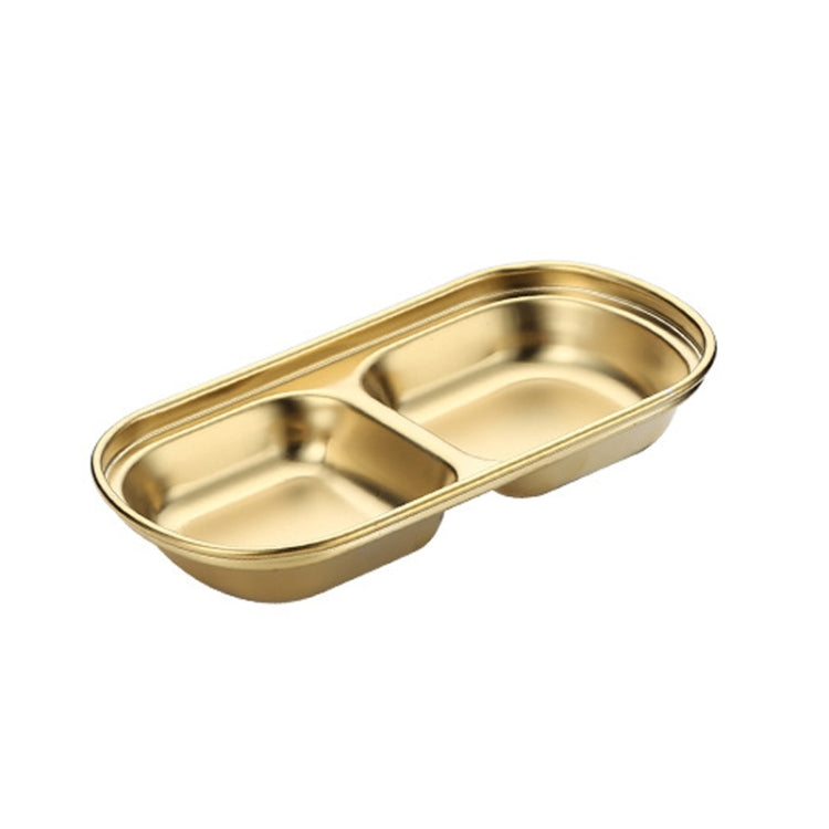 Two-compartment gold stainless steel square sauce dish tray with two divided wells