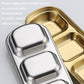 Gold stainless steel sauce dish tray with rounded edges and smooth, non-slip base