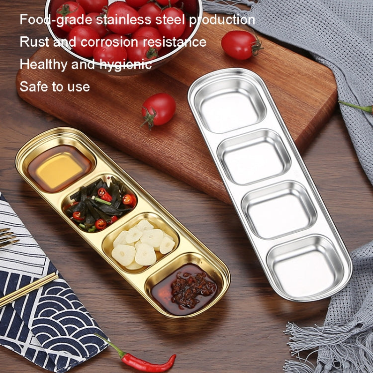 Gold and silver square stainless steel condiment tray with four divided compartments