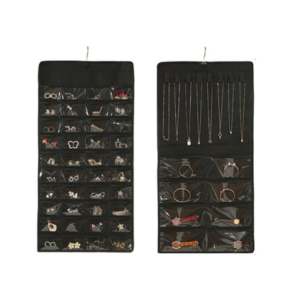 Black double-sided hanging jewelry organizer bag with clear grid compartments