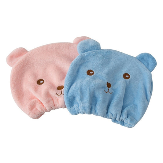 Pair of coral velvet bear cartoon hair drying turban caps, blue and pink