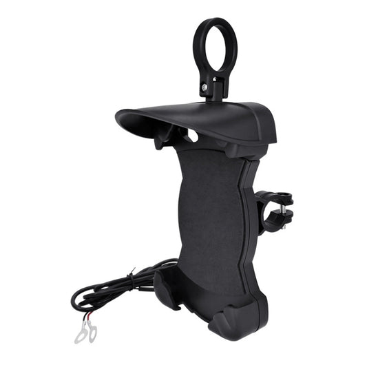 Black motorcycle phone holder with sunshade visor, clamp mount, and attached charging cable