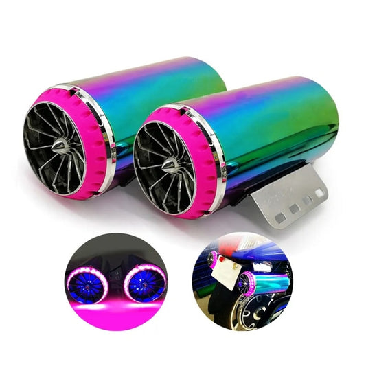 Pair of rainbow audio exhaust pipe simulator speakers with pink accent rings and black grilles