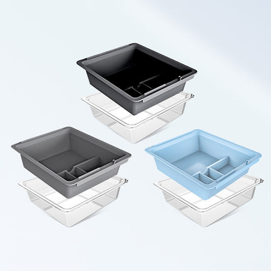 Center armrest storage box with partition insert, shown in dark gray and light blue