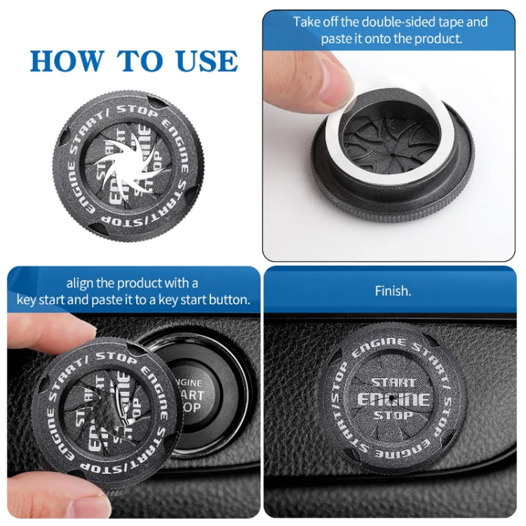 Black engine start/stop button cover with step-by-step installation photos