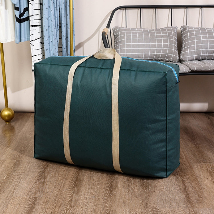 Dark green moving storage tote duffle bag with beige trim and top carry loops