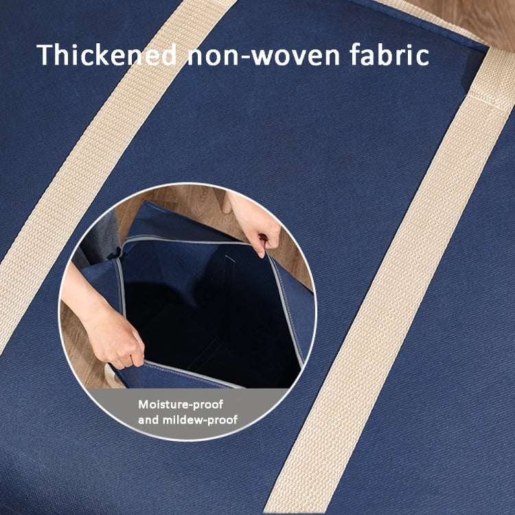 Navy non-woven storage duffel bag with wide handles and zip-top opening, showing interior